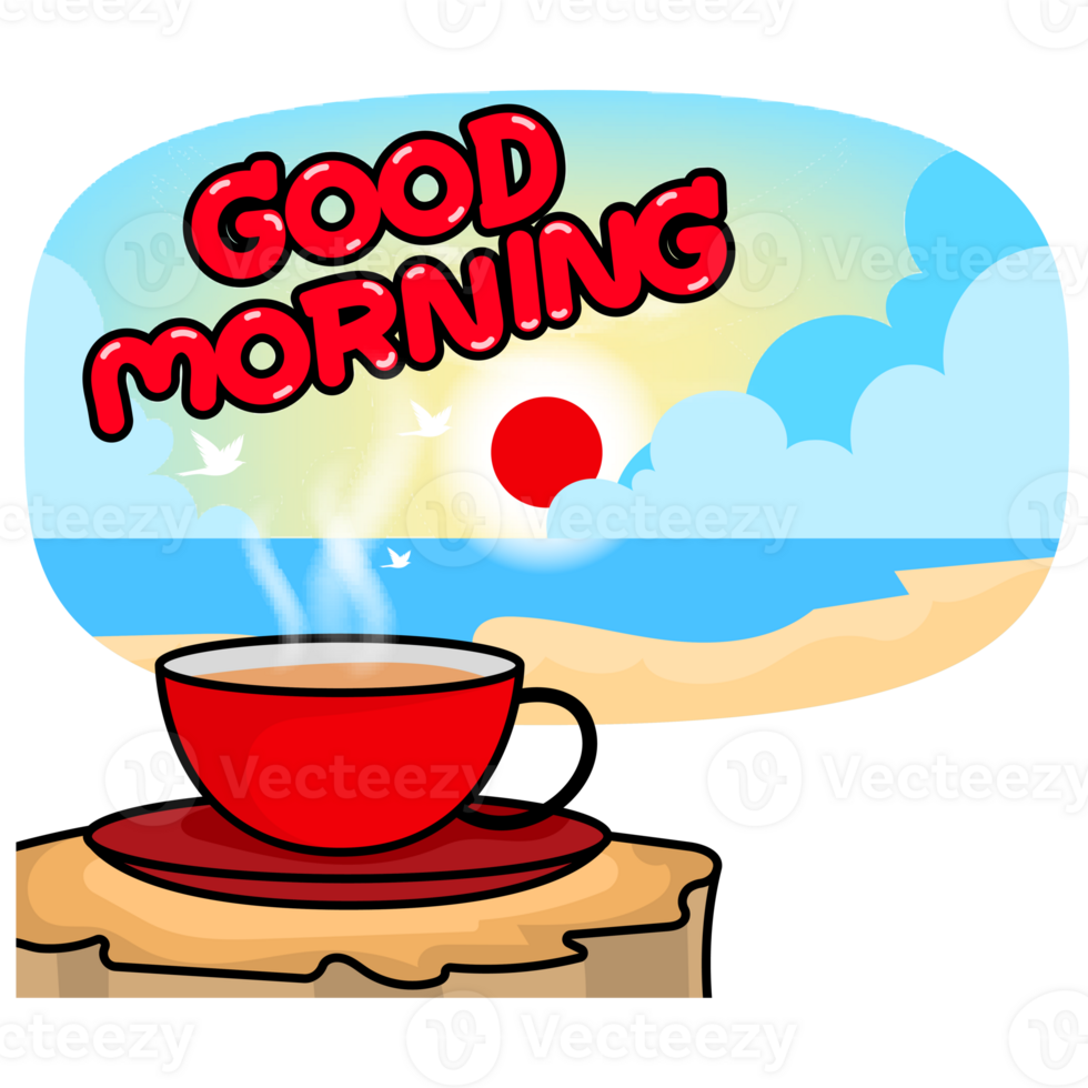 Good morning with red cup coffee png