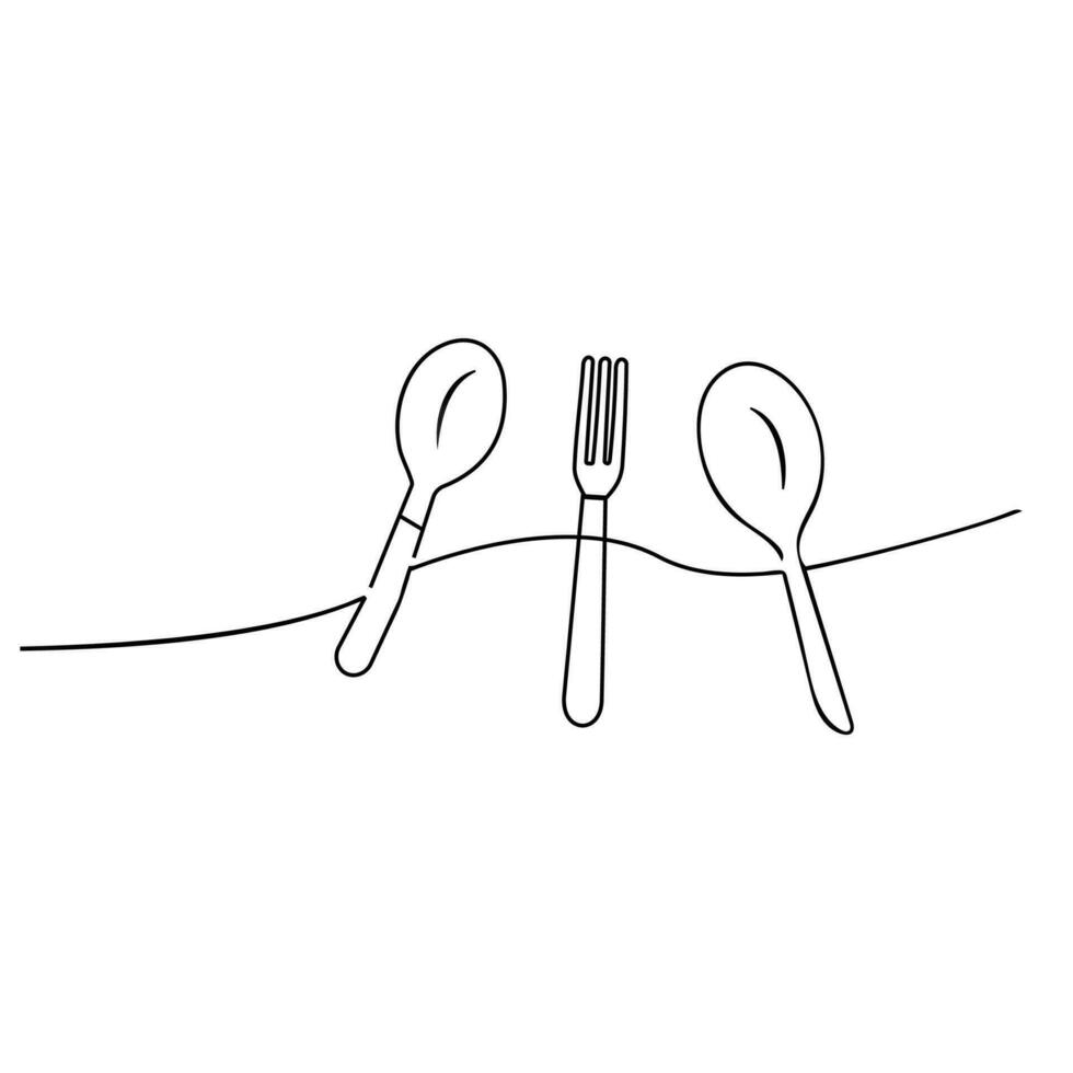 Drawing line Art Continuous one line Pro of spoon knife and fork tableware tools vector
