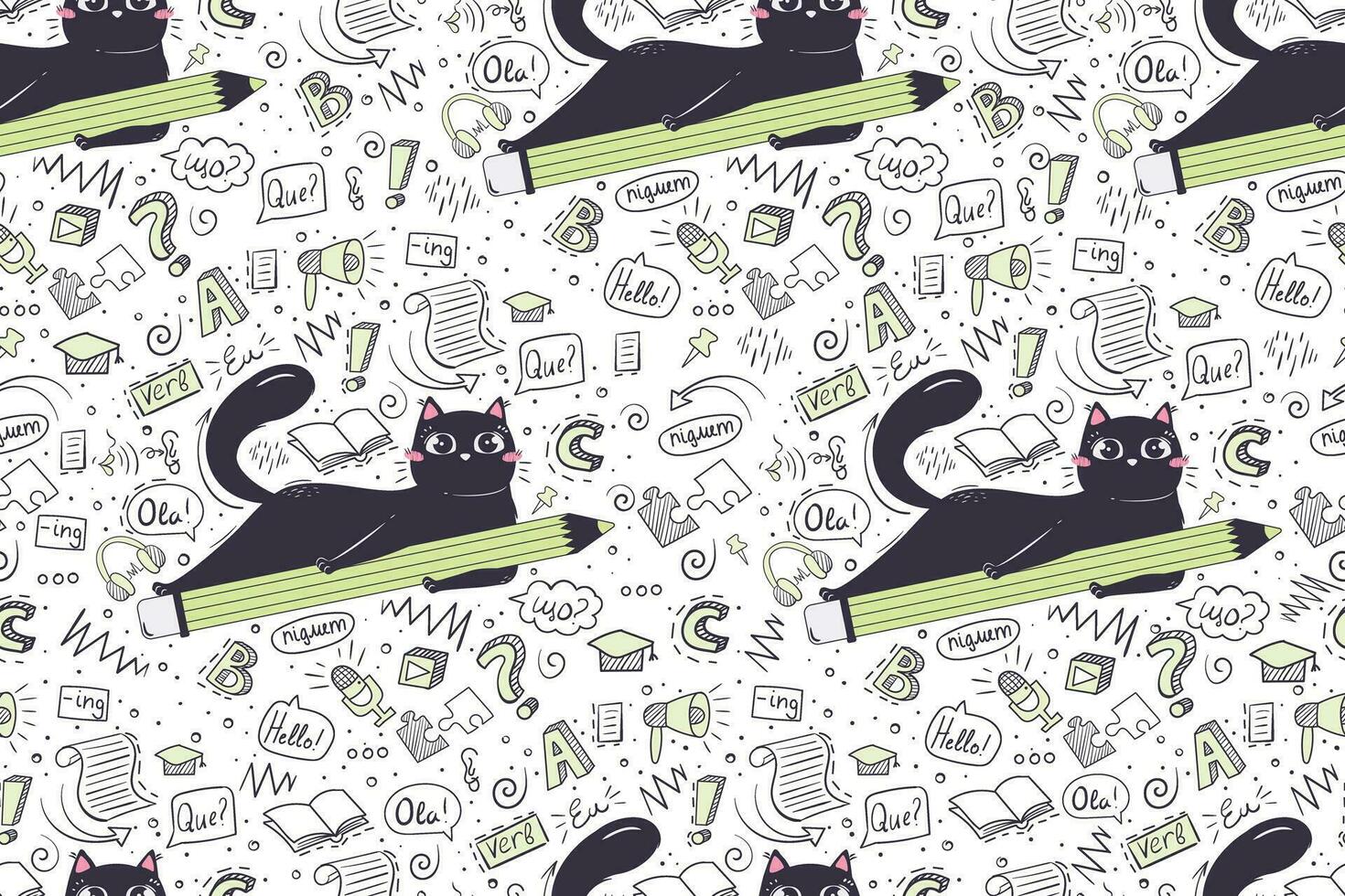 Seamless pattern in doodle style with funny cat for school subject language. Background for educational stationery and textiles. vector