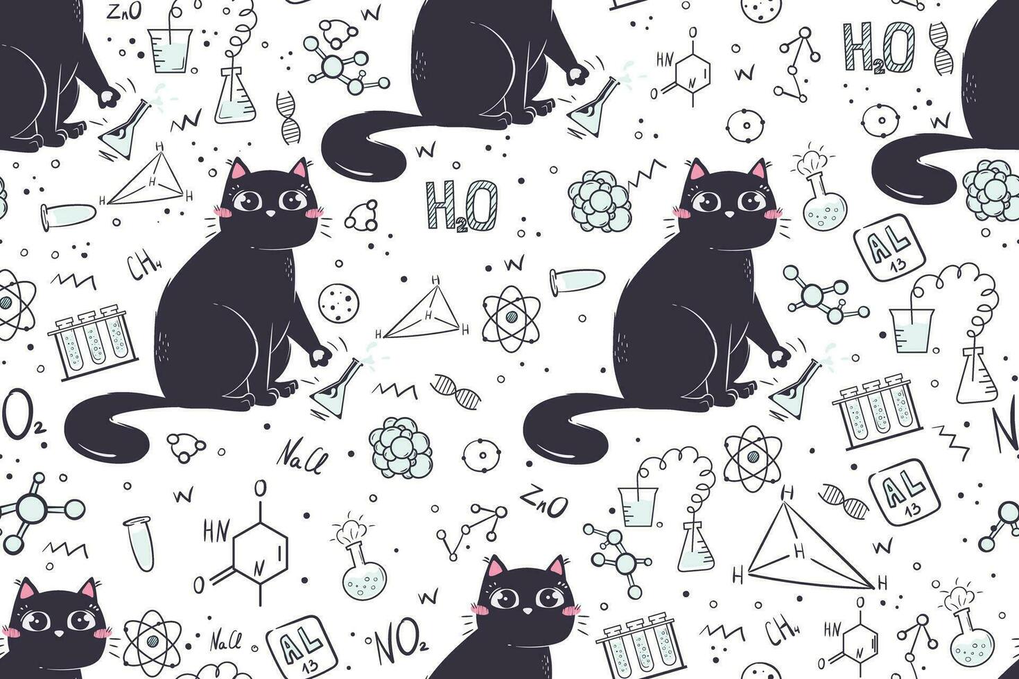 Seamless pattern in doodle style with funny cat for school subject chemistry. Background for educational stationery and textiles. vector