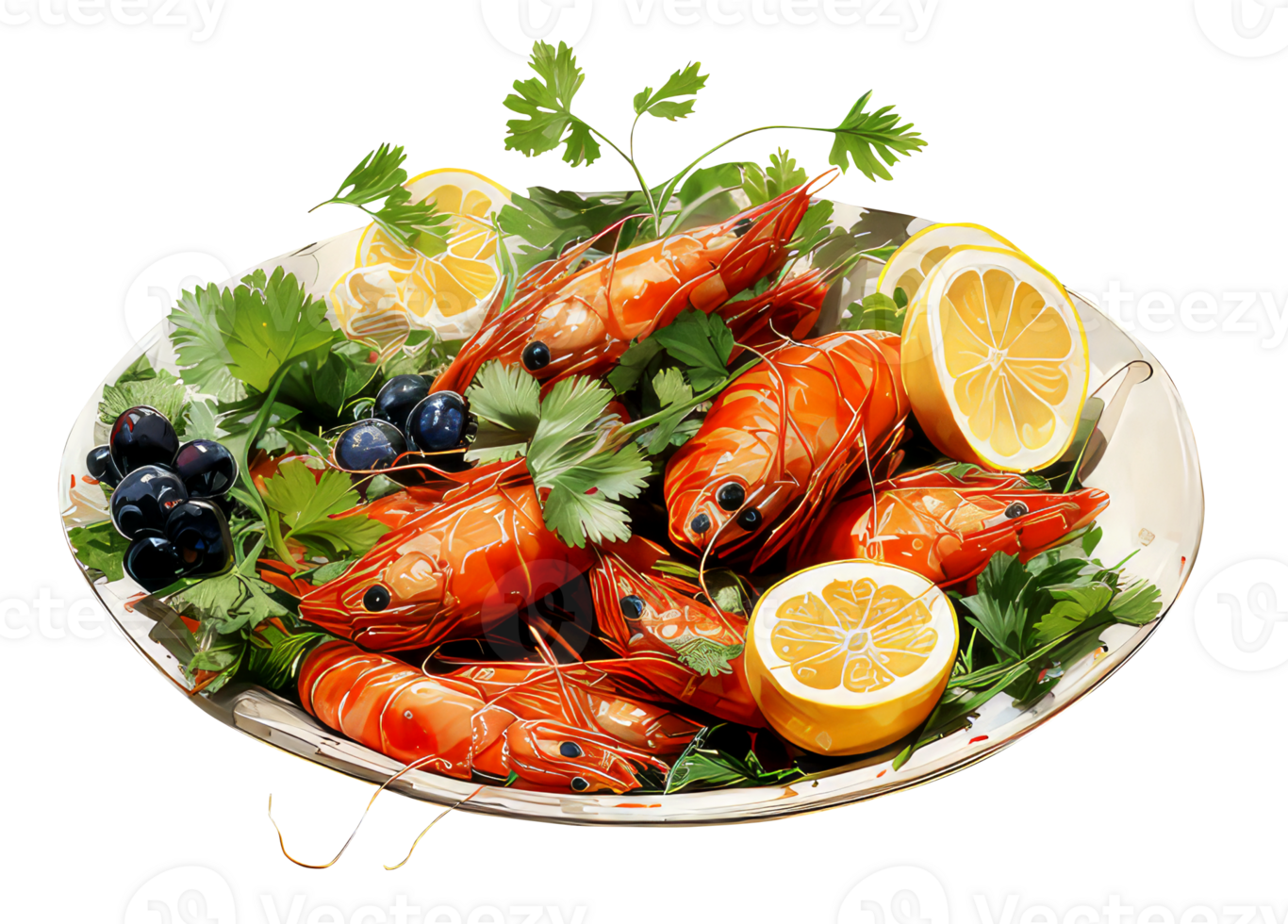 Summer Meal Fresh Seafood Delight - Delicious Shrimp and Prawn Feast, with herbs, lemons, corianders, and olives. Watercolor Illustration, Transparent Background AI Generative png