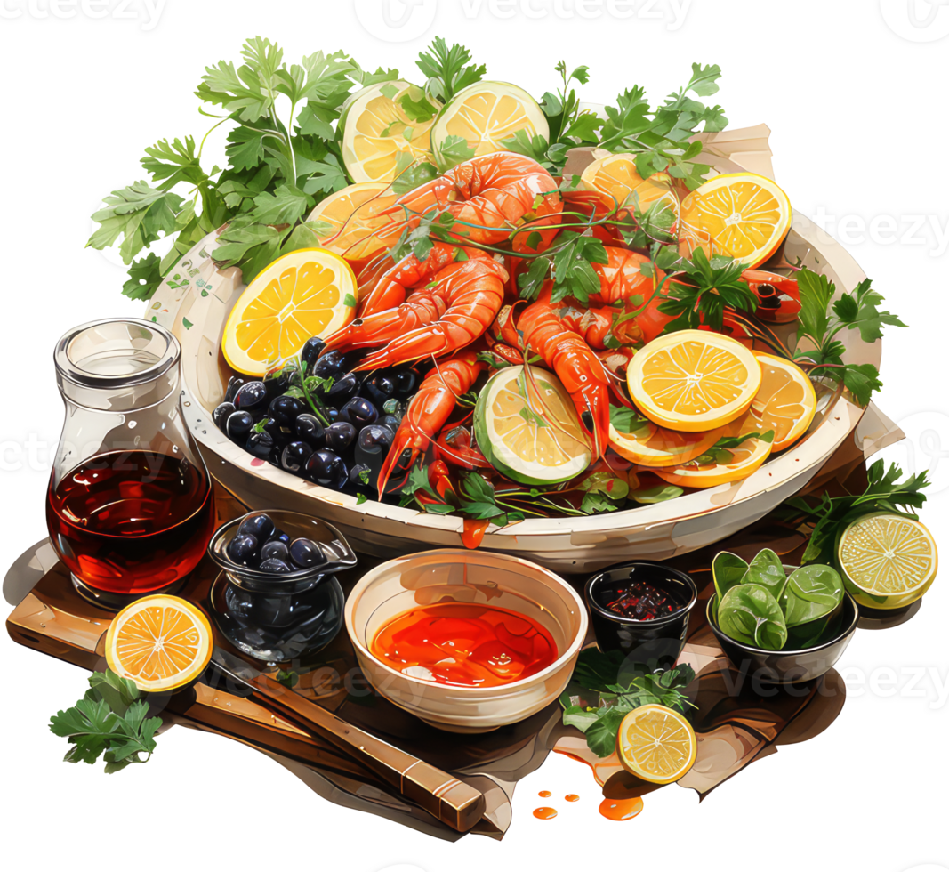 Summer Meal Fresh Seafood Delight - Delicious Shrimp and Prawn Feast, with herbs, lemons, corianders, and olives. Watercolor Illustration, Transparent Background AI Generative png