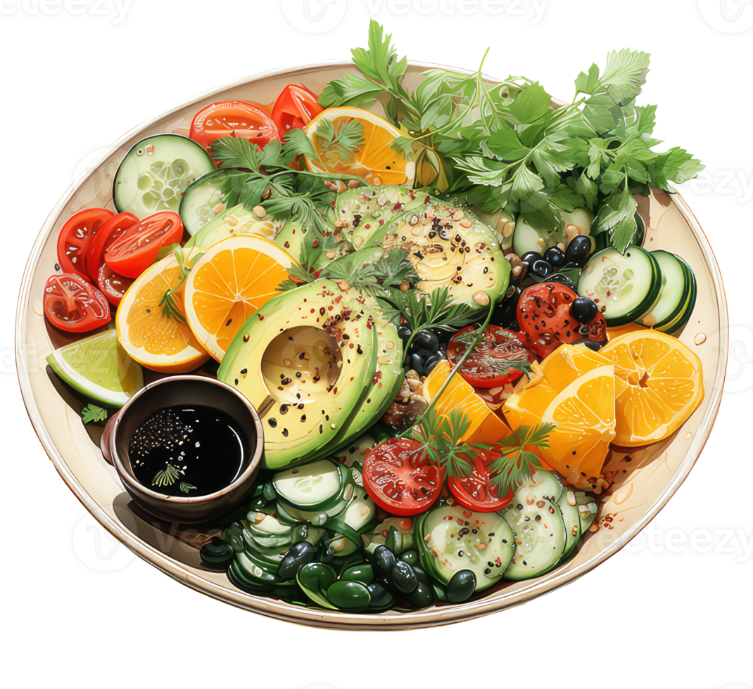 végétarien été repas, coloré et délicieux à base de plantes repas, en bonne santé nourriture été salade ingrédients, sucré patates, avocats, citrons verts, tomates, coriandre, aquarelle illustration ai génératif png