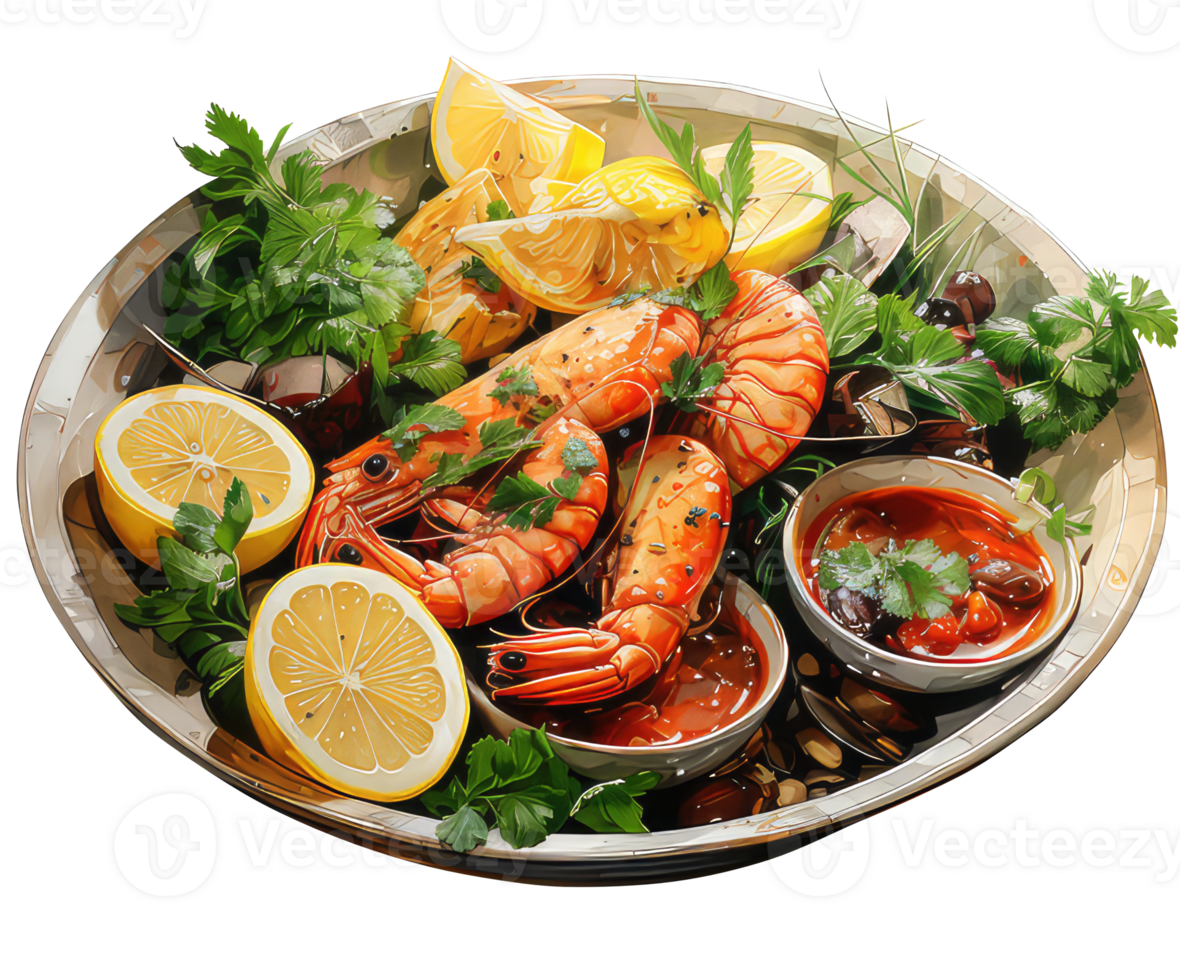 Summer Meal Fresh Seafood Delight Delicious Shrimp and Prawn Feast, with herbs, lemons, corianders, and olives. Watercolor Illustration, Transparent Background AI Generative png