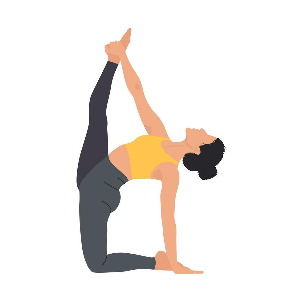 Backbend and split pose. Woman demonstrating split. Yoga practice. Female yogini. Hip opener yoga pose. Vector illustration isolated on the white background
