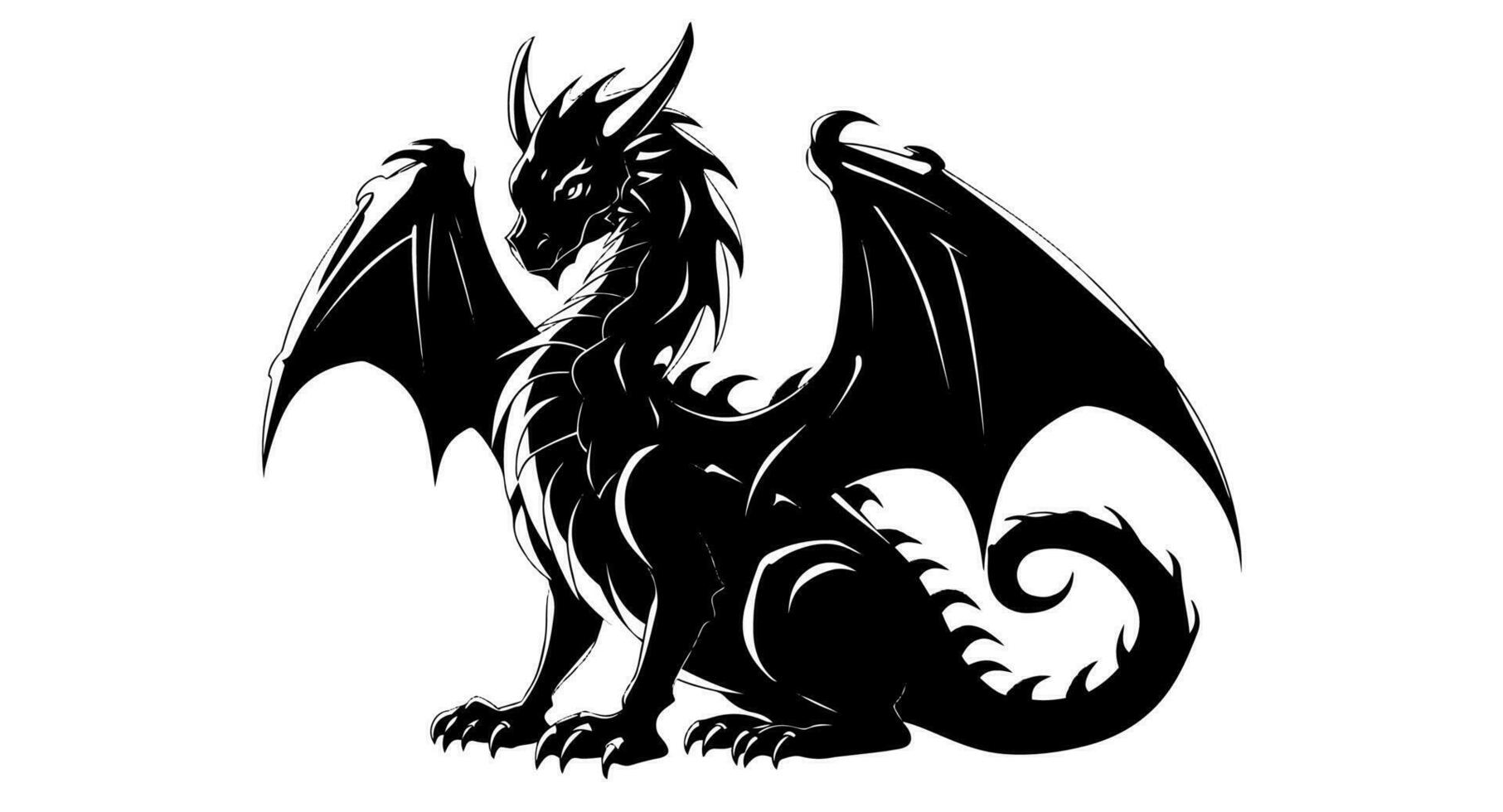 Graphic silhouette of black dragon isolated on white background. Vector illustration .