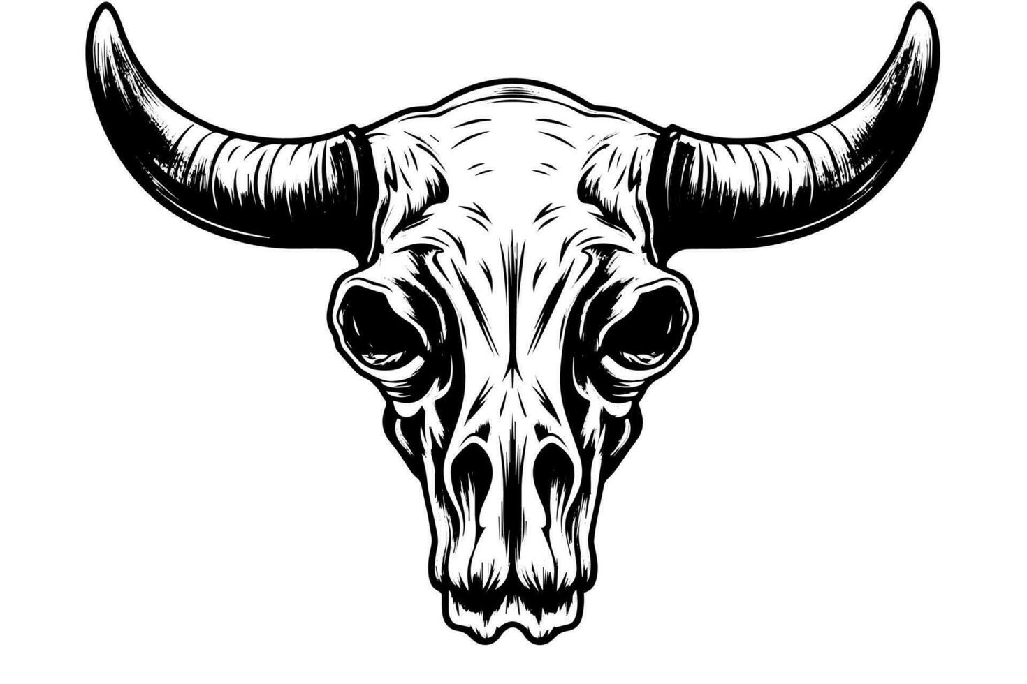 Buffalo skull hand drawn vector illustration in engraving style ink sketch.