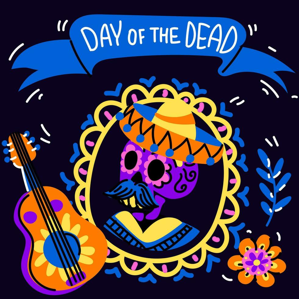 vector tarjeta postal con un ilustración de el mexicano fiesta dia Delaware muertos. un tarjeta postal con un tradicional masculino retrato en un marco, caléndula flores, un guitarra y el inscripción día de el muerto