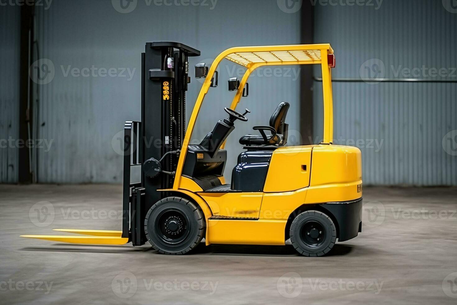 Yellow forklift for use in a warehouse, pivotal for logistics, material handling, and storage AI Generative photo