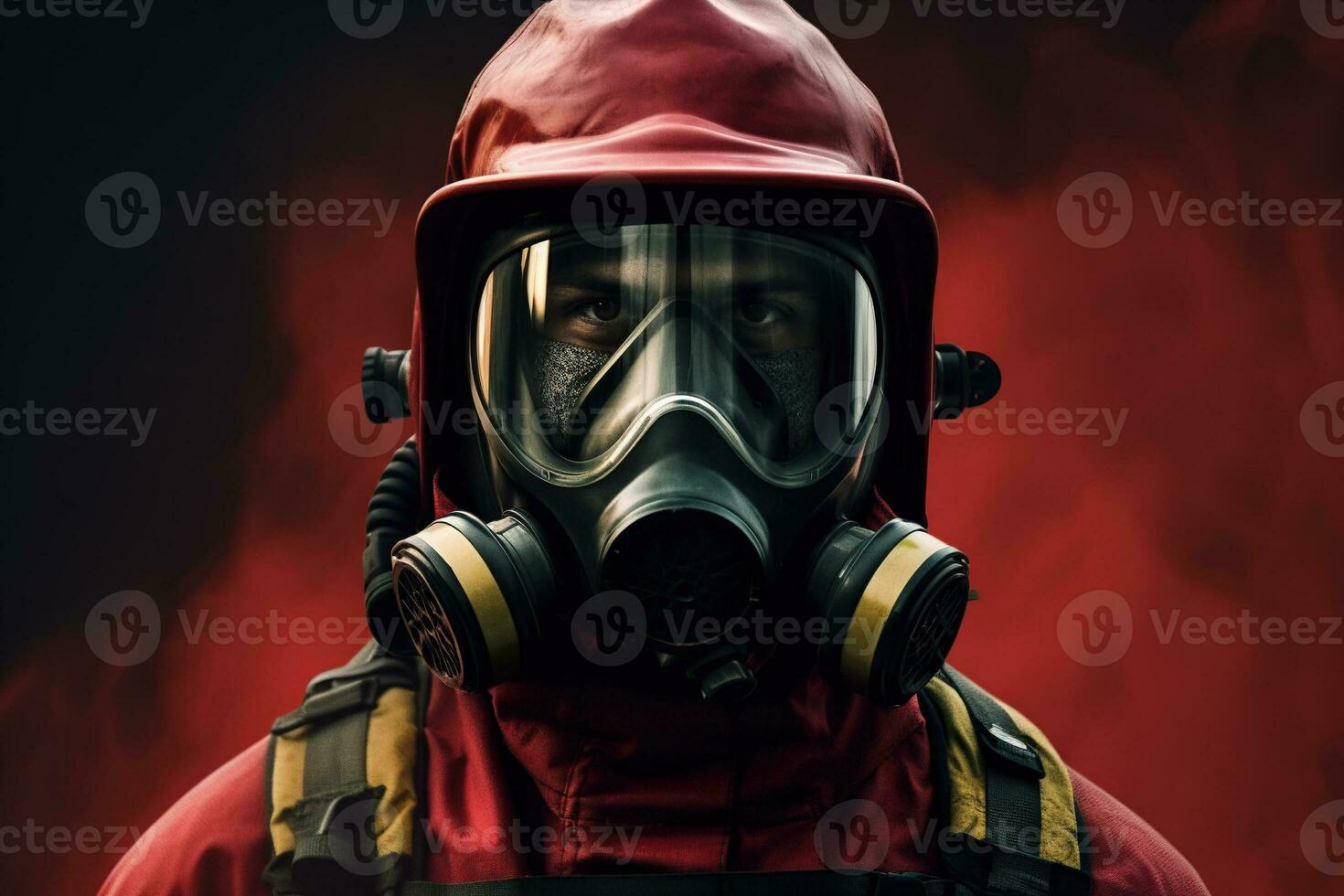 Portrait of firefighter wearing protective facial mask red uniform AI Generative photo