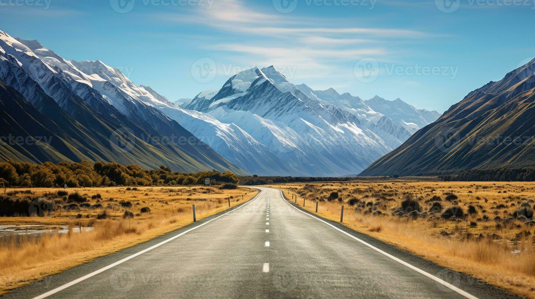 Remarkable scenic view of snow mountain, clear blue sky and asphalt road AI Generative photo