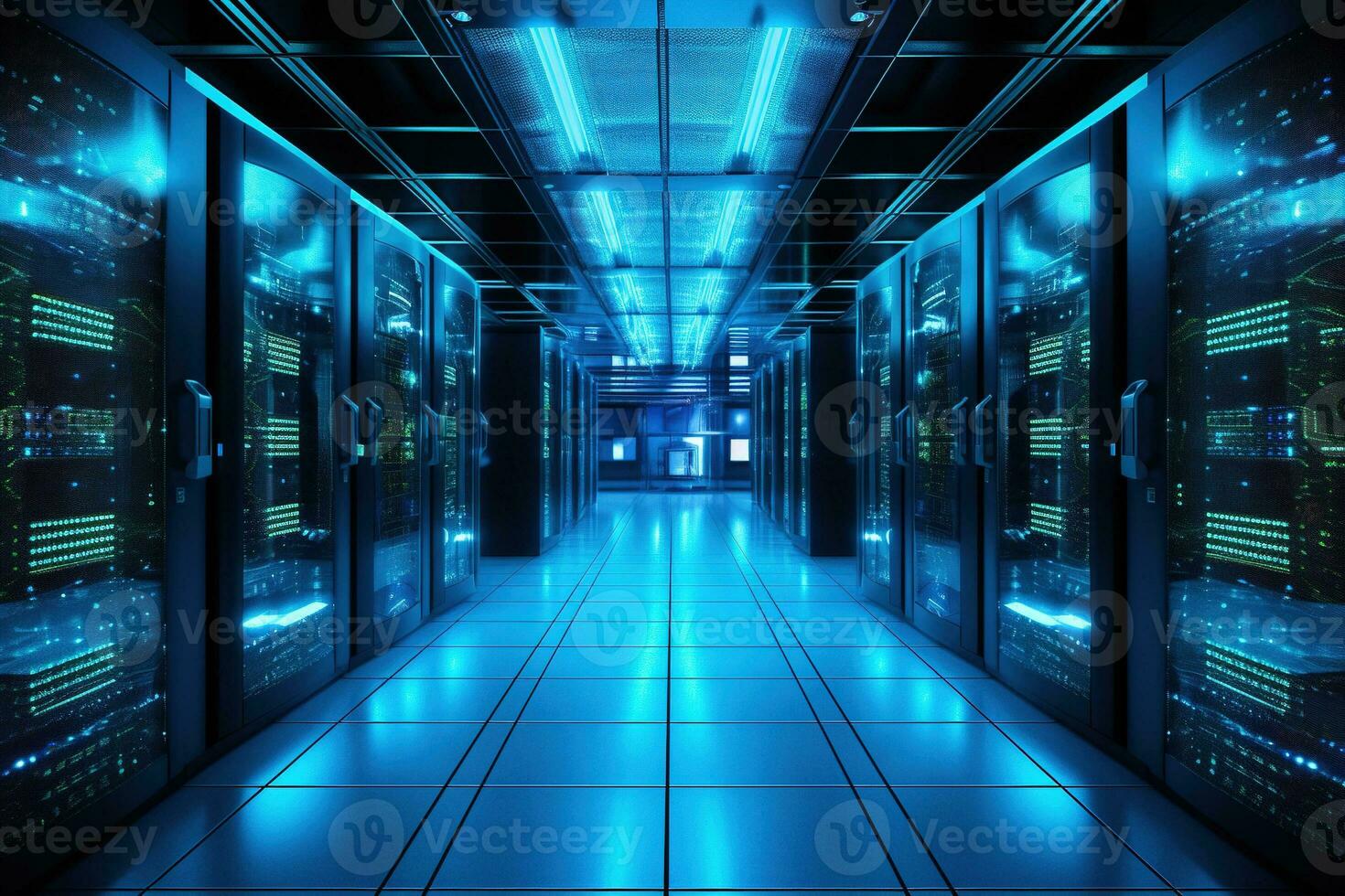 editorial photo of blue server room, high tech, industrial, modern AI Generative