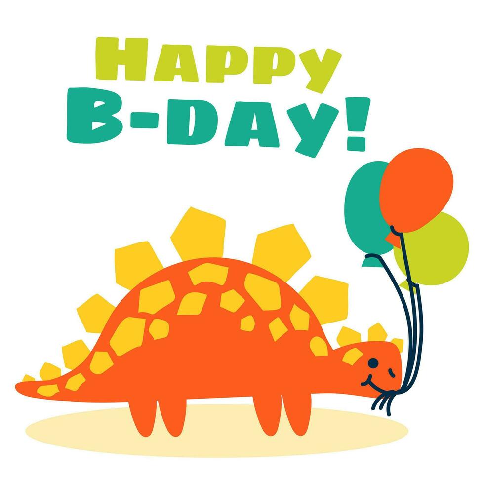 Cute cartoon stegosaurus with balloons. A flat illustration of a children's festive dinosaur. Happy Birthday concept. Vector animal character is perfect for greeting cards, sublimation printing