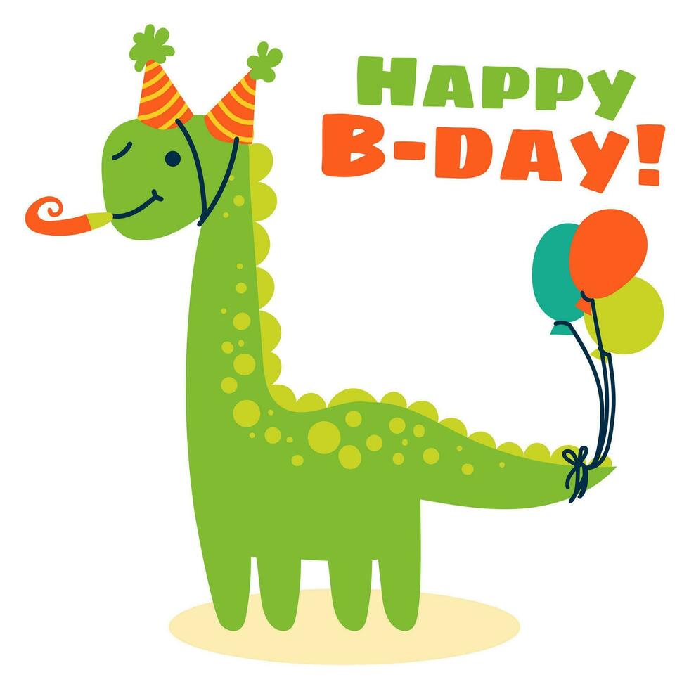 linda dibujos animados brachiosaurus en un festivo sombrero y globos un plano ilustración de un para niños festivo dinosaurio. el concepto de contento cumpleaños. vector animal personaje es Perfecto para saludo tarjetas