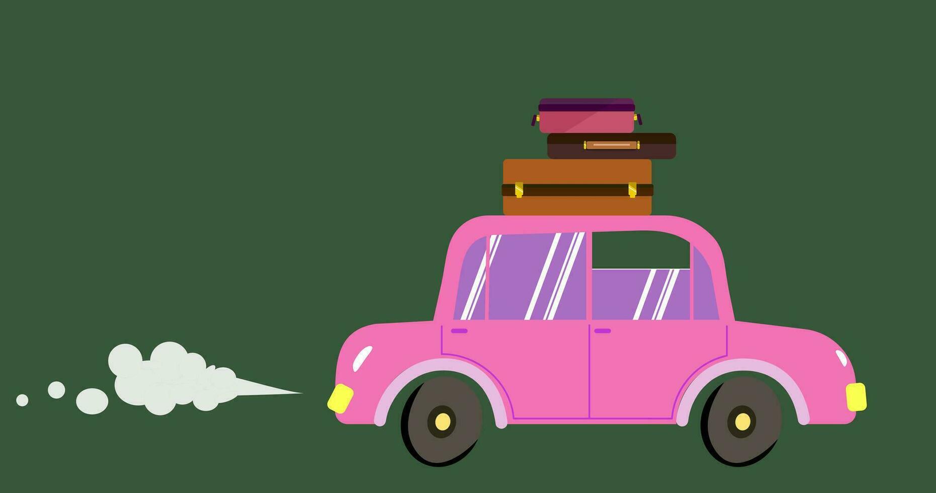 Traveling in a pink car. Suitcases on the roof of the car. Vector flat sticker on a green background.
