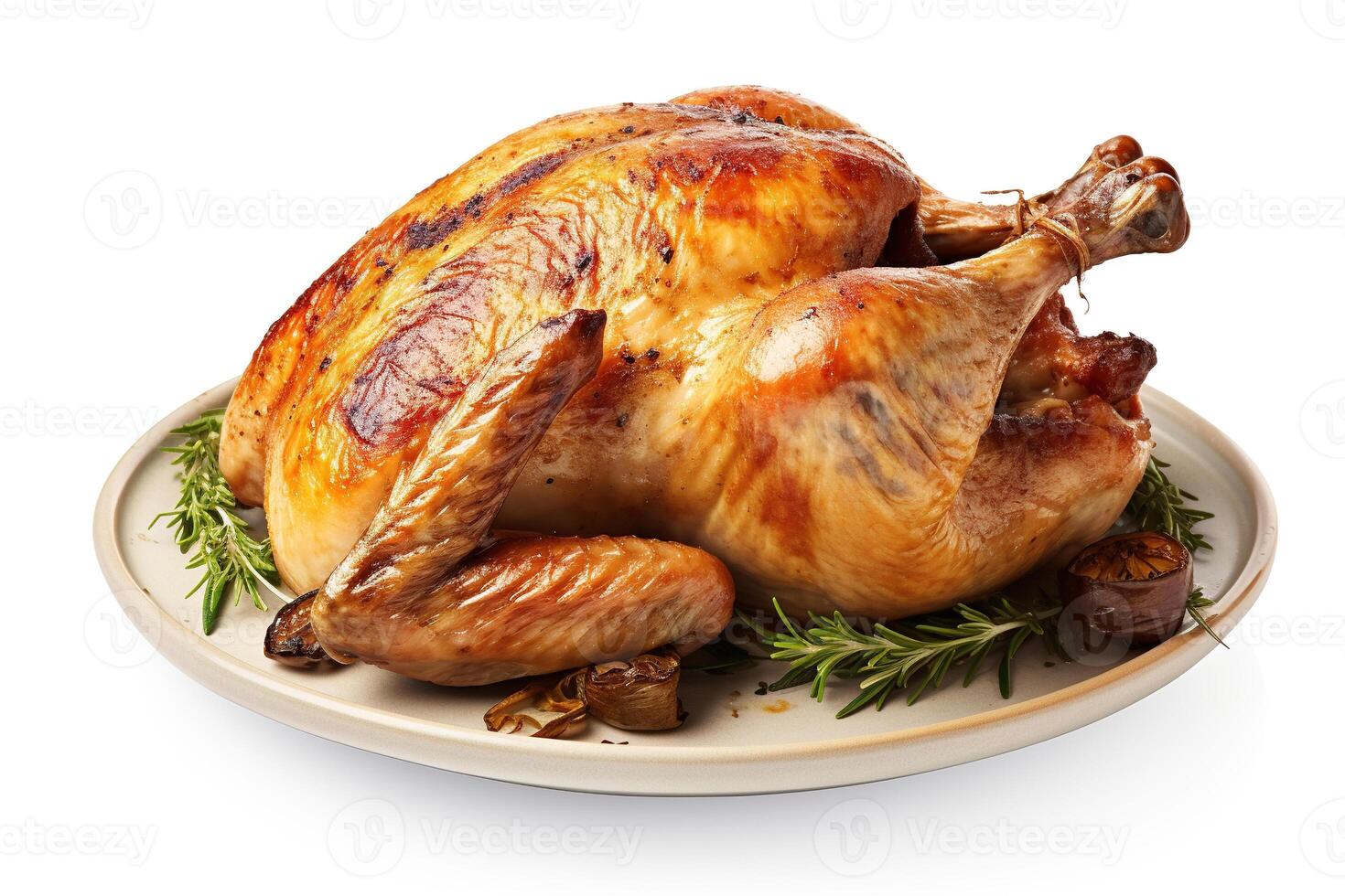 Whole fresh roasted chicken isolated on a white background AI Generative photo