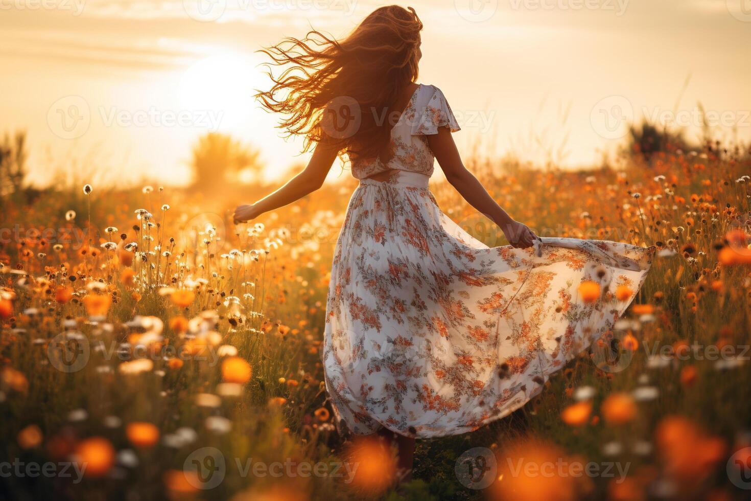 carefree woman walking barefoot through a field of wildflowers, embodying gratitude, happiness AI Generative photo