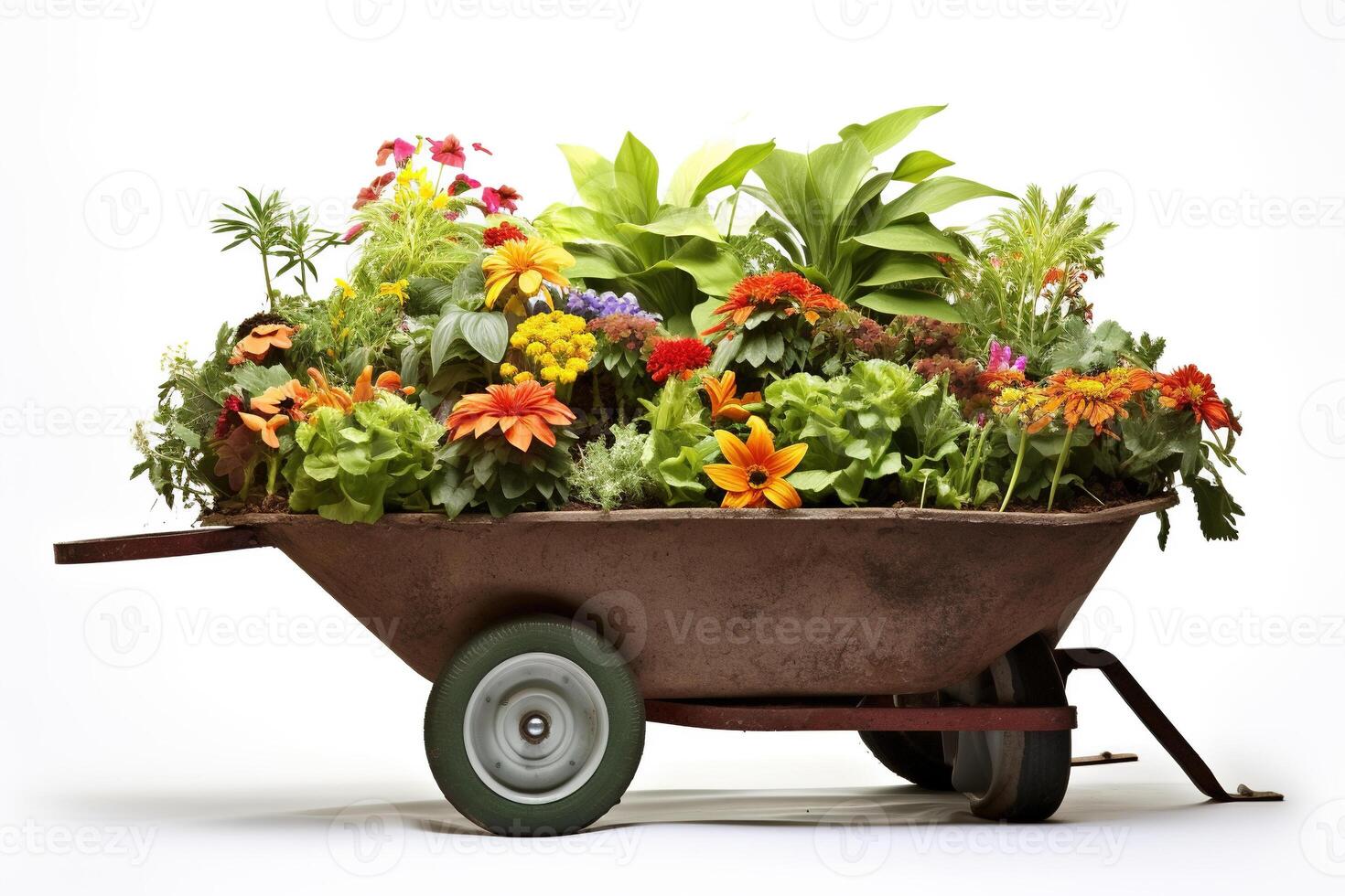 Wheelbarrow filled with potted plants ready for planting, a gardening scene featuring various flora. AI Generative photo