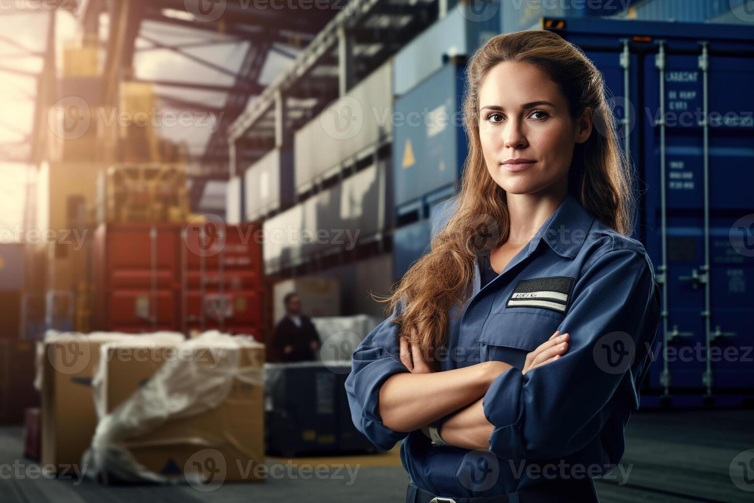 Female logistics coordinator managing harbor operations, surrounded by