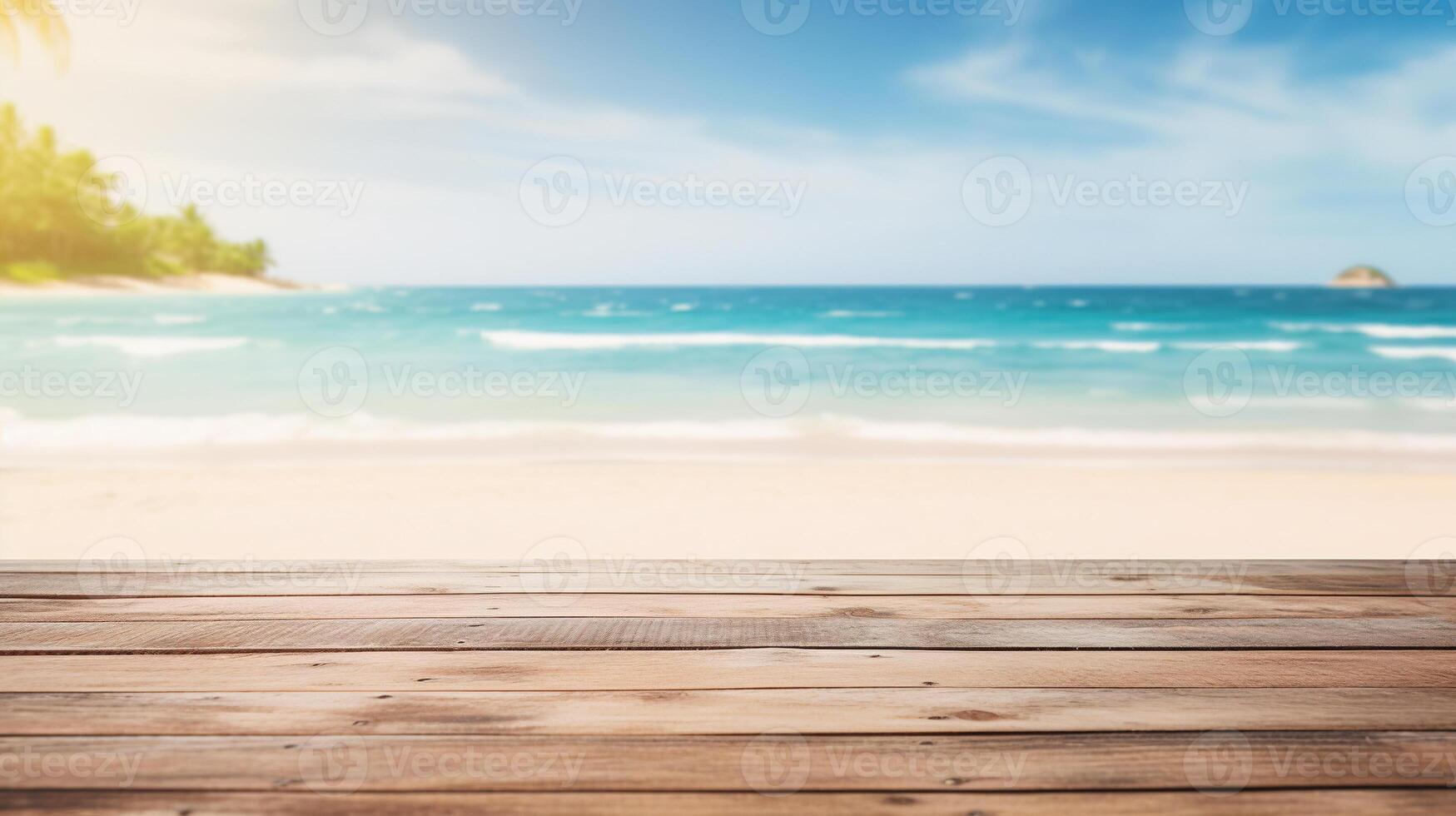 Product background for montage, empty wooden surface with blurred sea beach on the background AI Generative photo