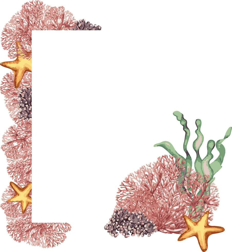 Frame of sea plants, coral, starfish watercolor illustration isolated on white backgro vector
