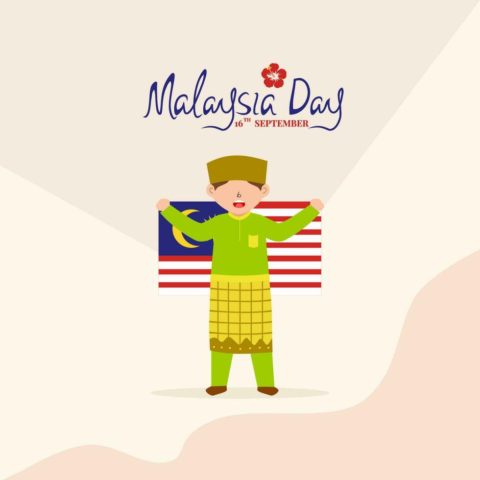 Cute boy holding flag to celebrate Malaysia day. Happy Malaysia day poster with hand writing. Cartoon faceless style. vector