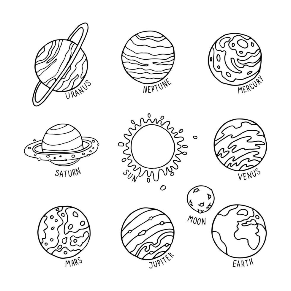 Planets of solar system doodle set. Vector illustration