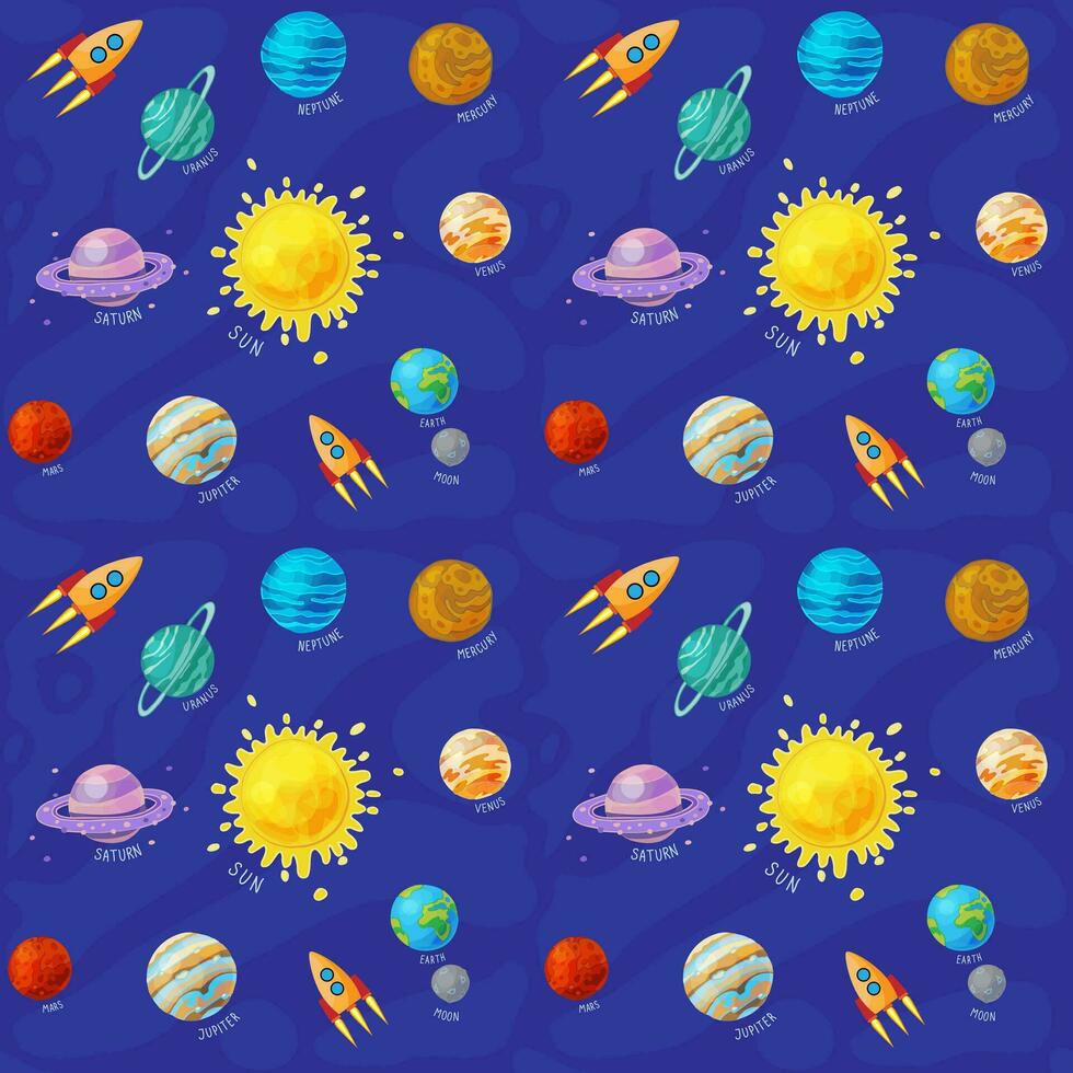sin costura modelo con planetas de solar sistema dibujos animados colocar. vector ilustración