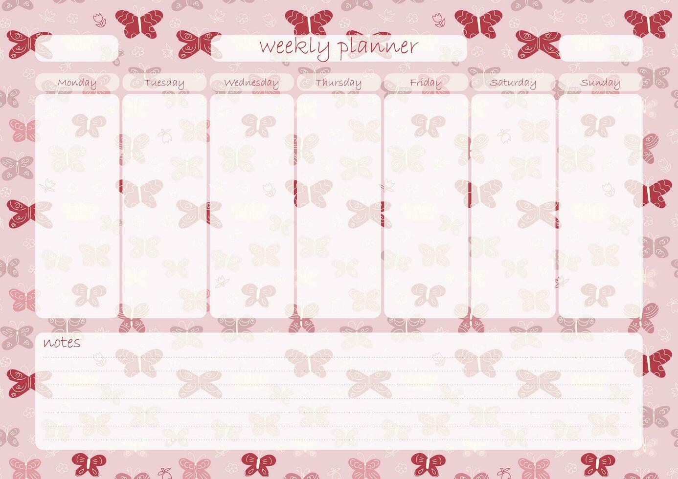 Vector weekly planner with butterflies roses