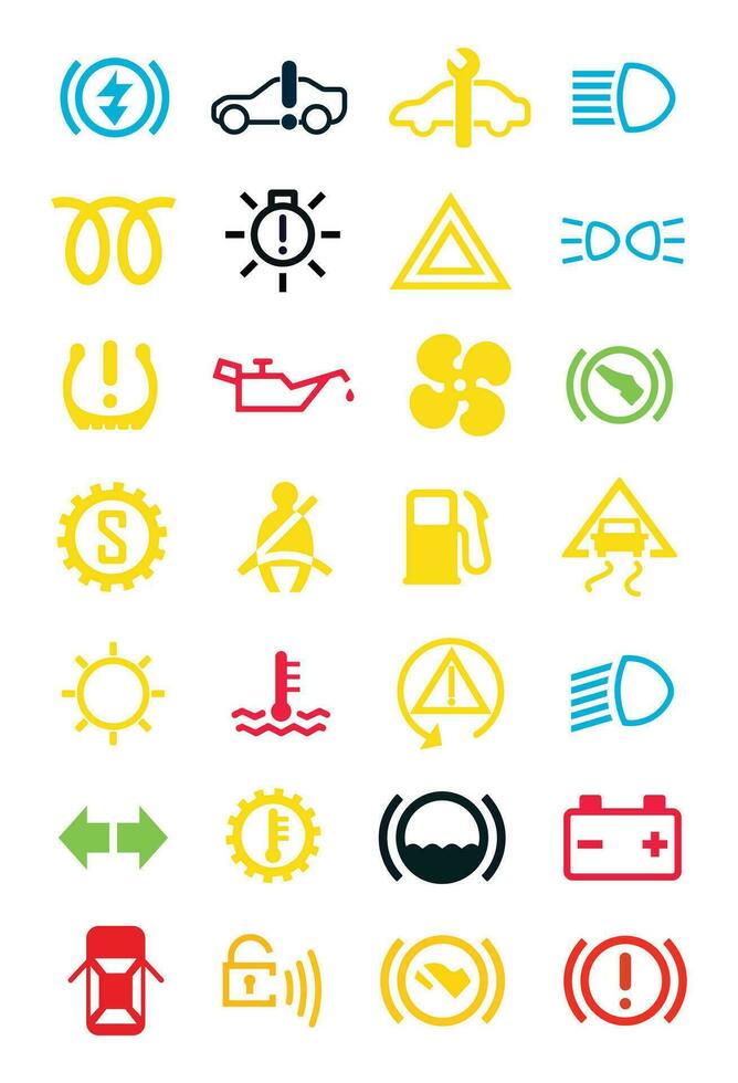 2D Car and Vehicle Dashboard Warning Lights Icons vector