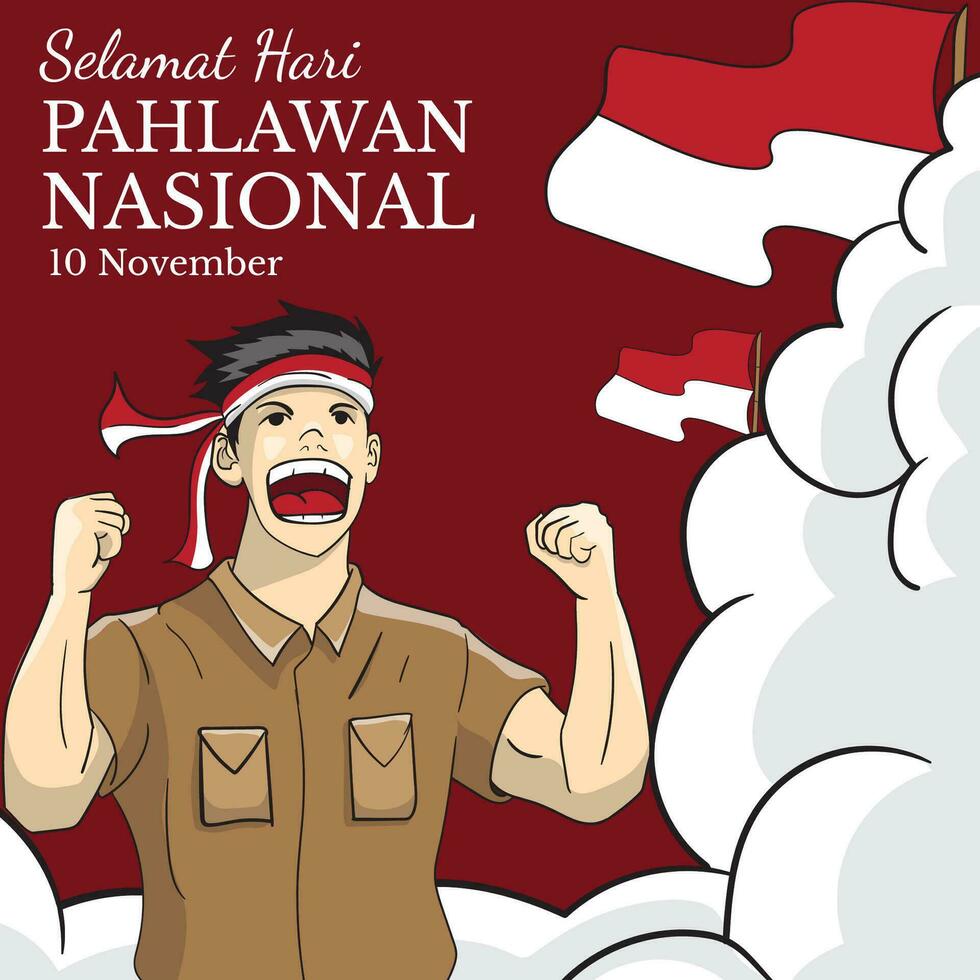 Selamat hari pahlawan nasional. Translation is Happy Indonesian National Heroes day. hand drawn vector illustration of Indonesian National Heroes Day for banner, poster, flyer, greeting card, etc.