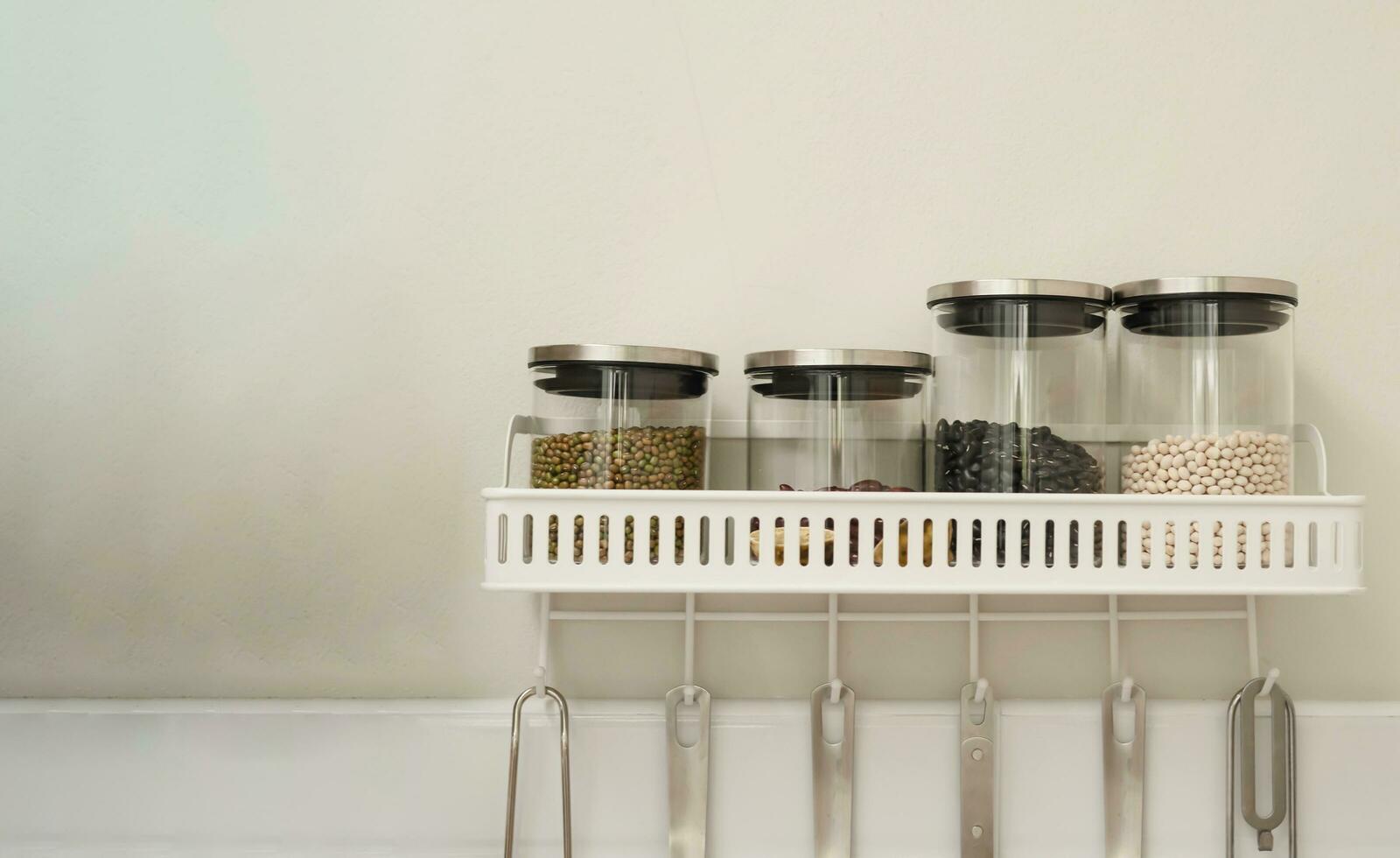 shelves for cereal grain condiments in the kitchen, home kitchen stuff with copyspace for background use photo