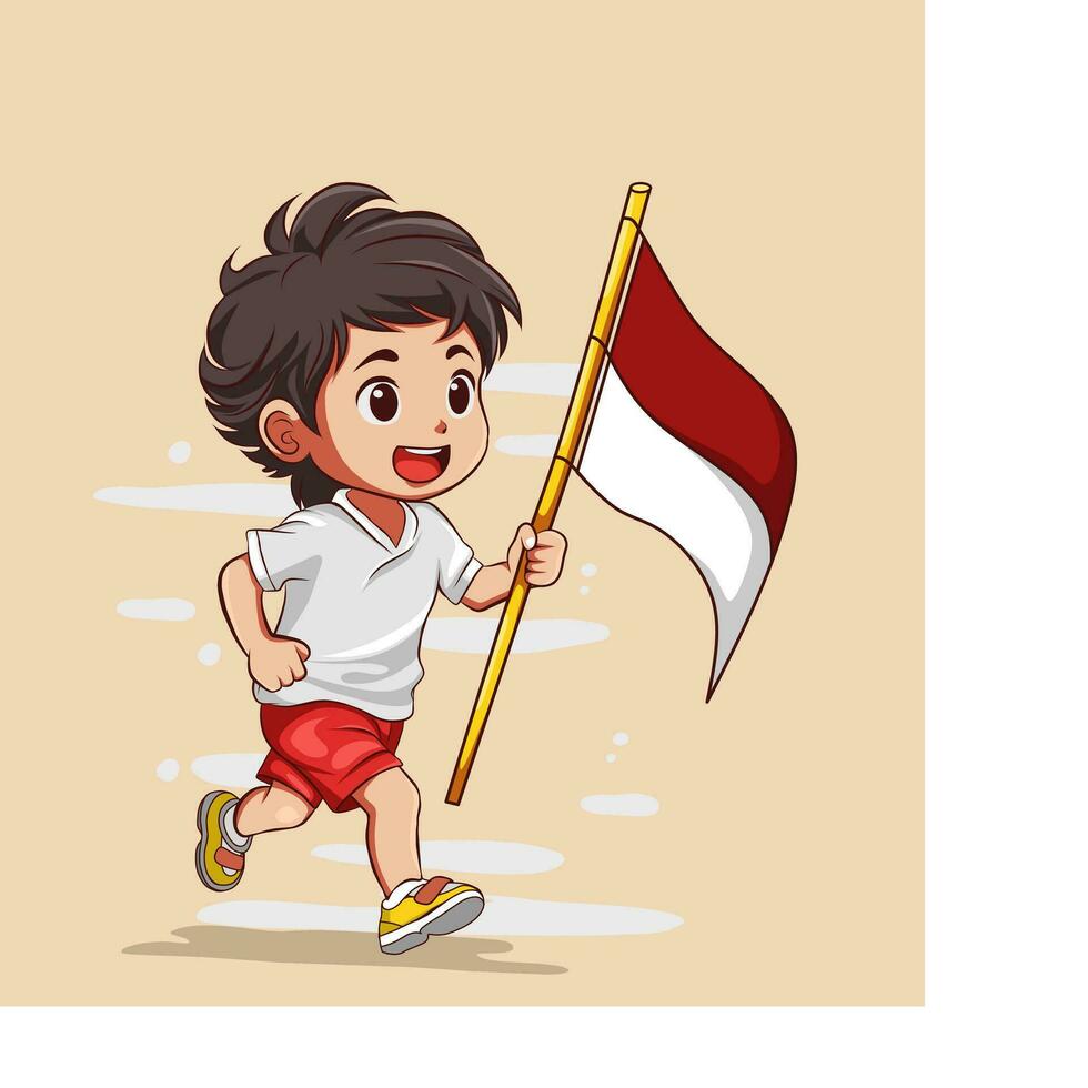 cute cartoon kid running bring a flag vector