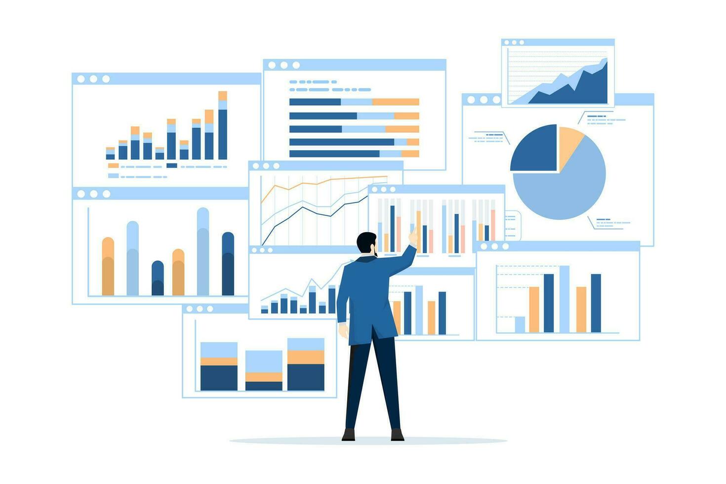 business team analysis and monitoring concept on web report dashboard monitor. data analysis research flat vector illustration design for business financial planning concept, flat vector illustration.