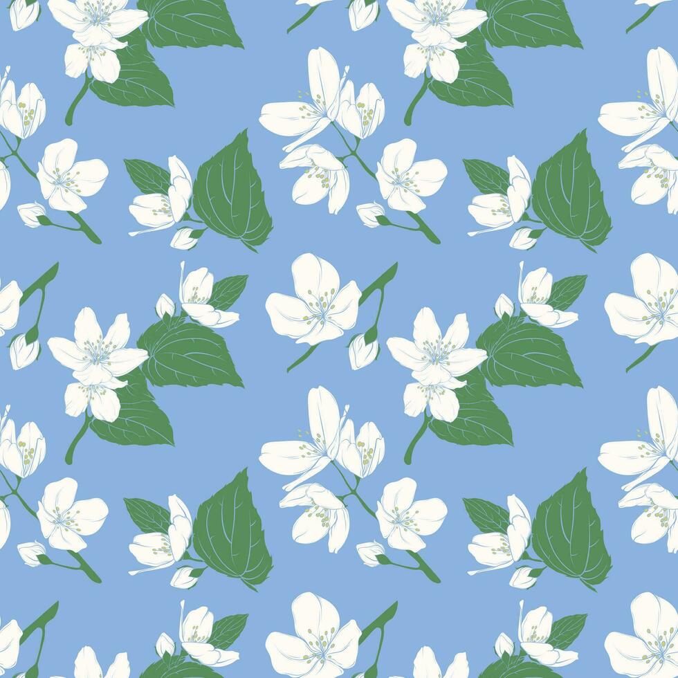 seamless illustration of cherry, apple, jasmine flowers. pattern of delicate petals and leaves. design for wallpaper, packaging, wrapping paper. vector