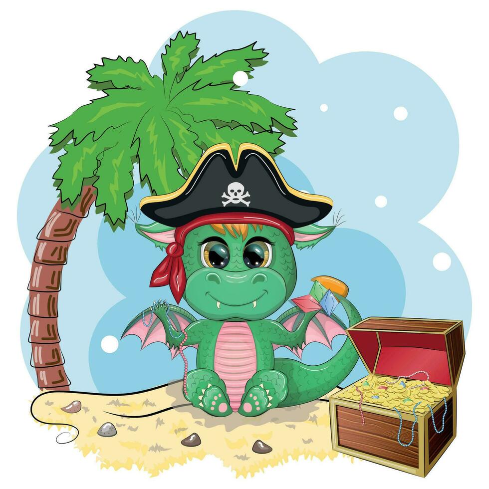 Cute cartoon green dragon pirate in a cocked hat. Symbol of 2024 according to the Chinese calendar. vector