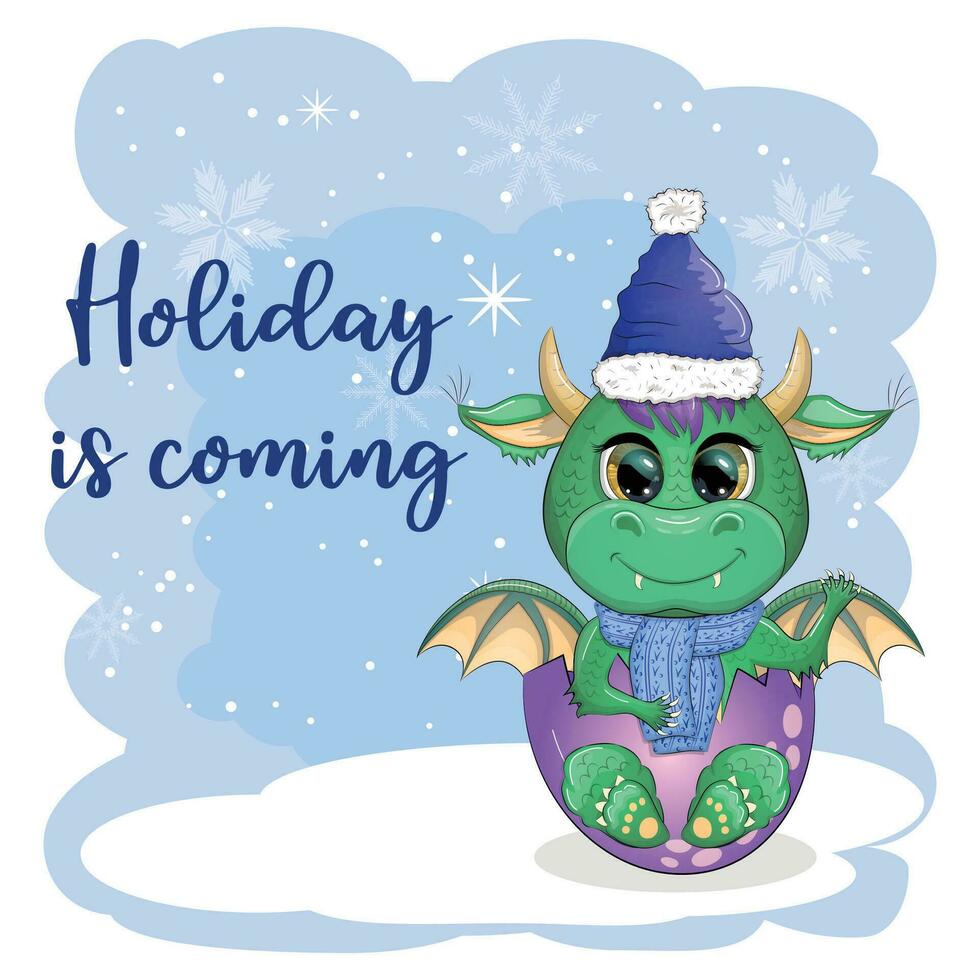 Cute cartoon green dragon in santa hat. 2024 new year, chinese calendar vector