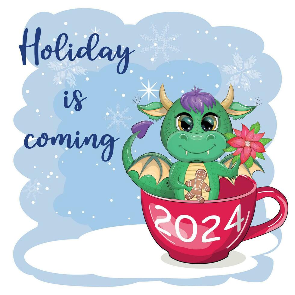 linda dibujos animados verde continuar en Papa Noel sombrero. 2024 nuevo año, chino calendario vector