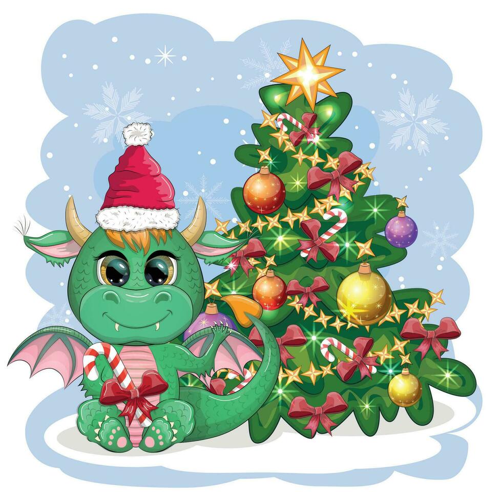 A cute cartoon green dragon in a Santa hat holds a candy cane and sits next to the Christmas tree. 2024 new year vector