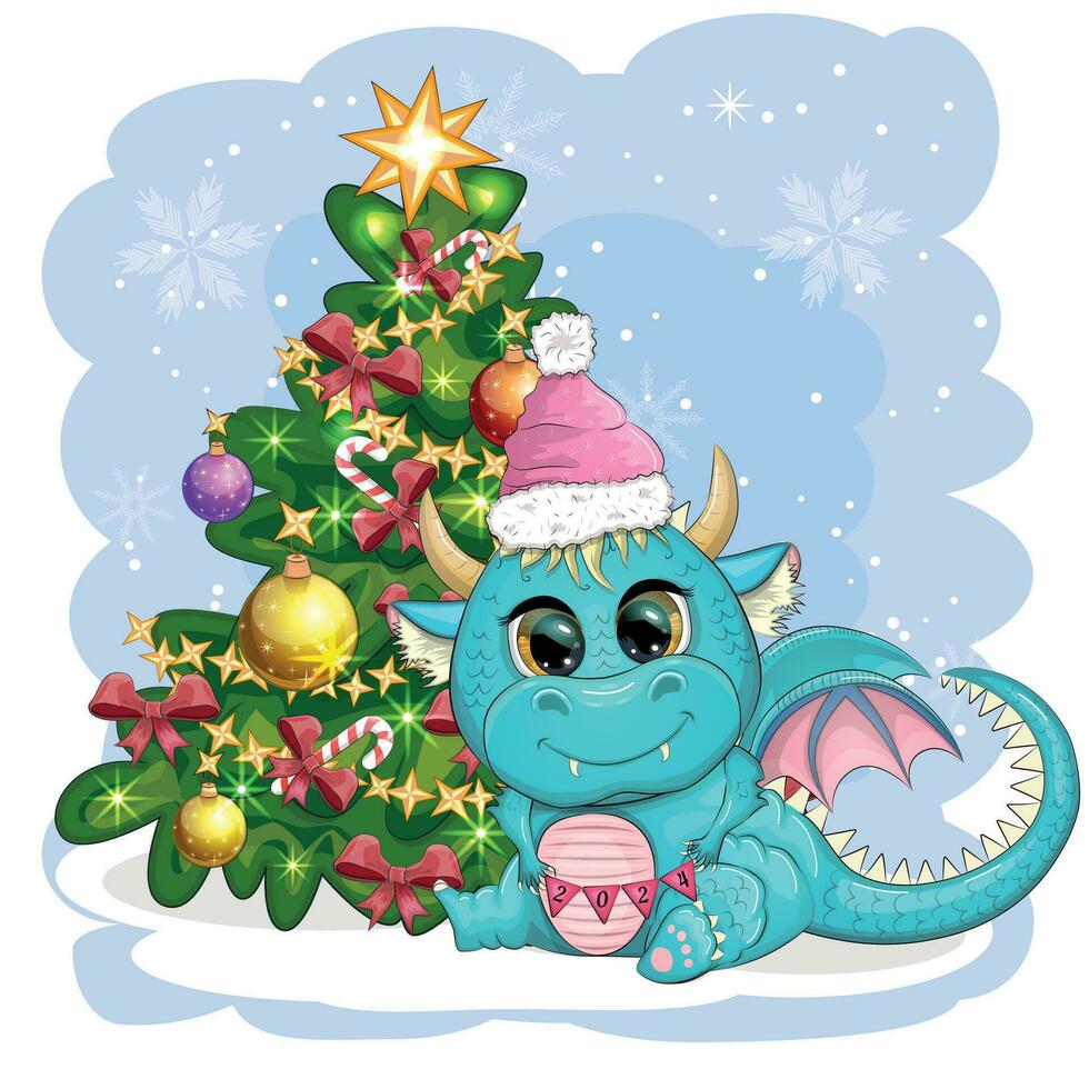 A cute cartoon green dragon in a Santa hat holds a red gift and sits next to the Christmas tree. 2024 new year vector