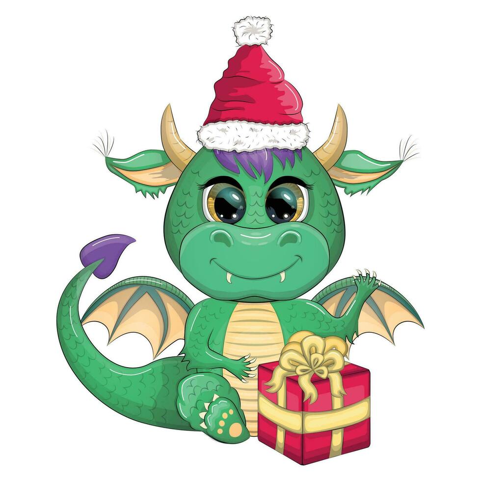 Cute cartoon green dragon in santa hat. 2024 new year, chinese calendar vector