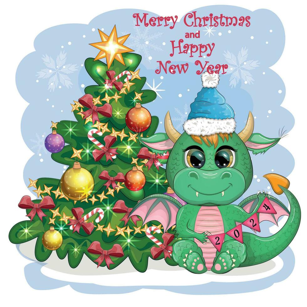 A cute cartoon green dragon in a Santa hat holds a banner and sits next to the Christmas tree. 2024 new year vector