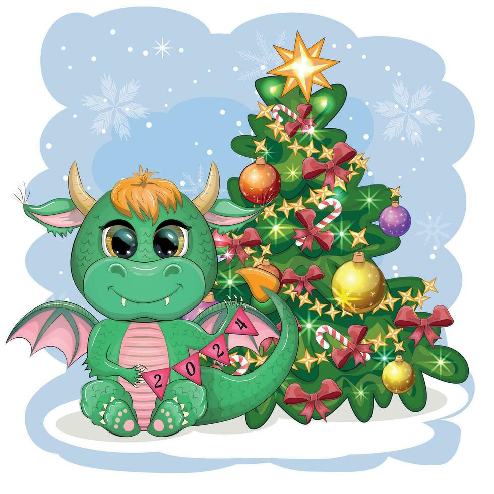 A cute cartoon green dragon in a Santa hat holds a red gift and sits next to the Christmas tree. 2024 new year vector