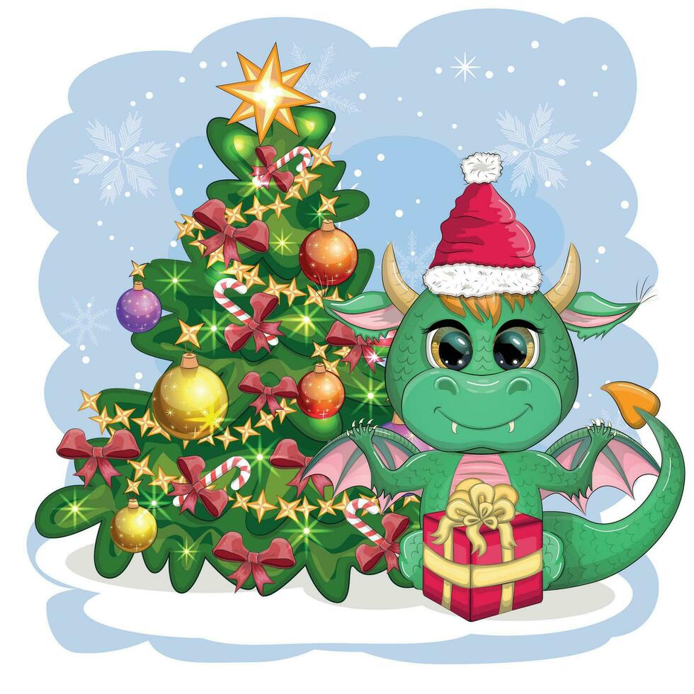 un linda dibujos animados verde continuar en un Papa Noel sombrero sostiene un rojo regalo y se sienta siguiente a el Navidad árbol. 2024 nuevo año vector