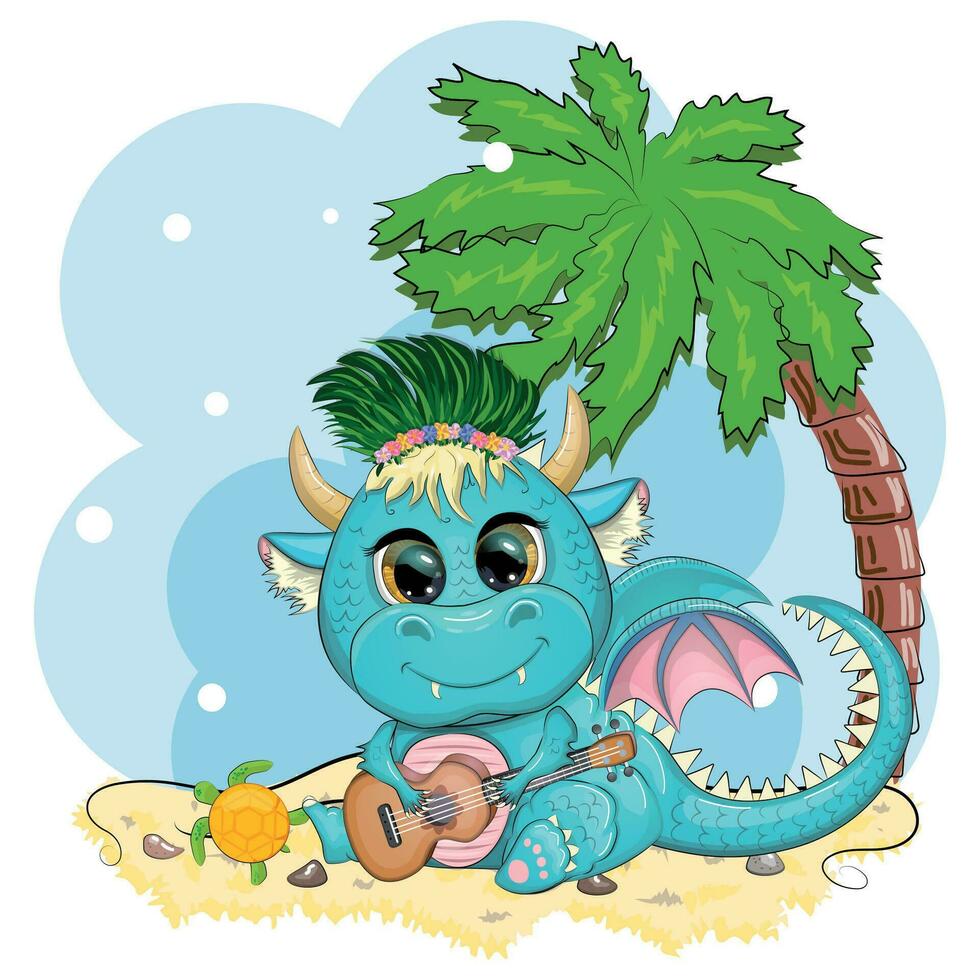 Cute cartoon green baby dragon with ukulele on the beach. Symbol of 2024 according to the Chinese calendar vector