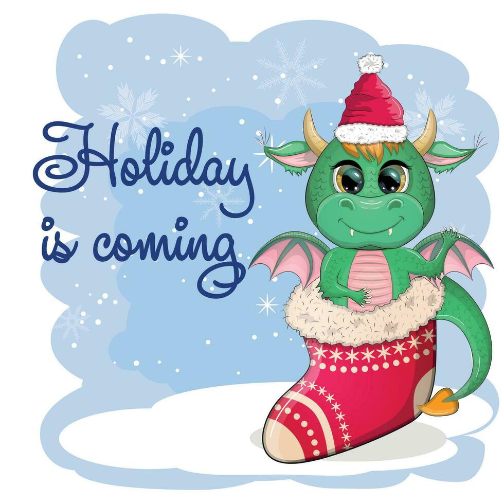 Cute cartoon green dragon in santa hat. 2024 new year, chinese calendar vector