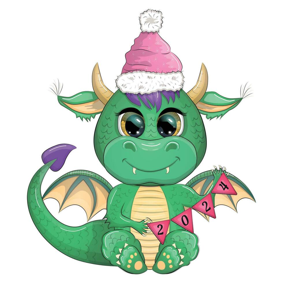 Cute cartoon green dragon in santa hat. 2024 new year, chinese calendar vector