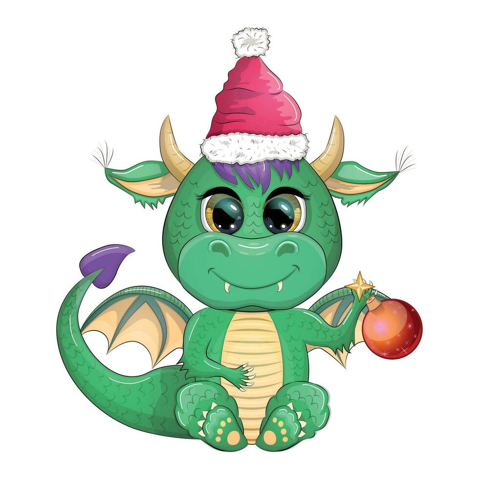 linda dibujos animados verde continuar en Papa Noel sombrero. 2024 nuevo año, chino calendario vector