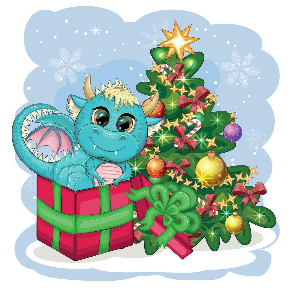 A cute cartoon green dragon sits in a red gift and sits next to the Christmas tree. 2024 new year vector