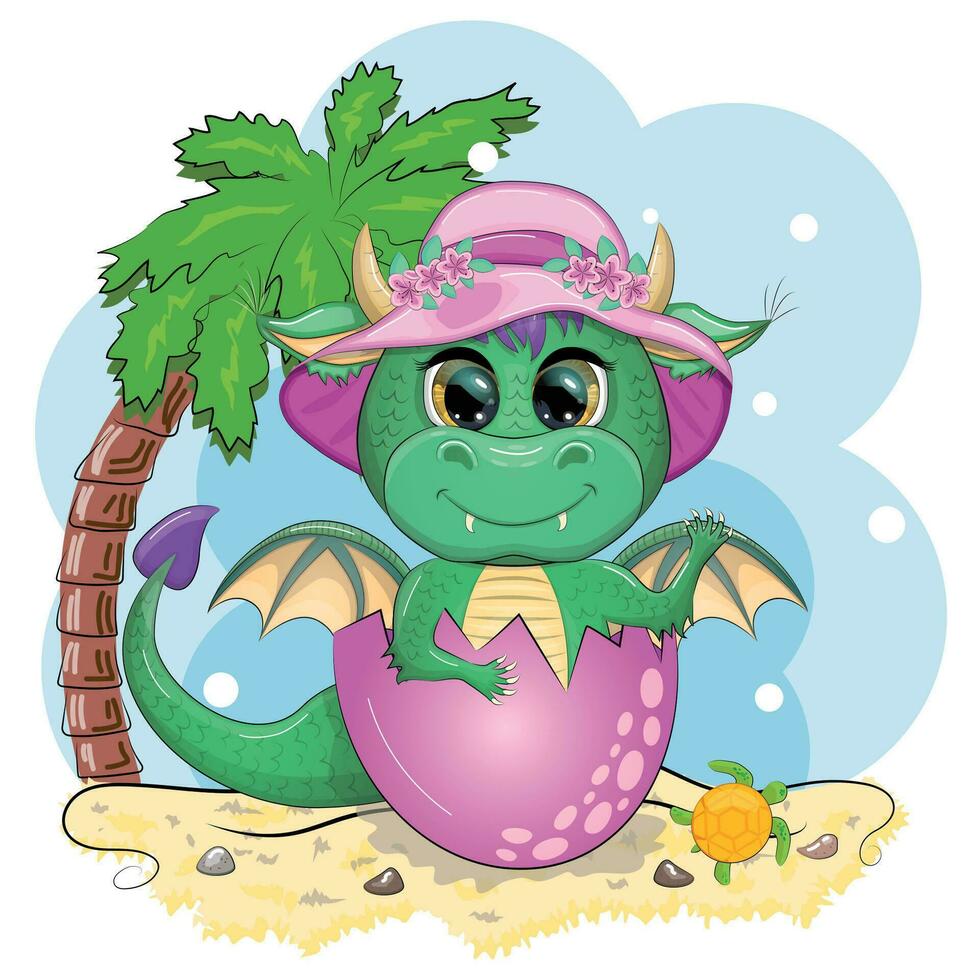 Cute cartoon green baby dragon in a hat on the beach in Hawaii. Symbol of 2024 according to the Chinese calendar vector